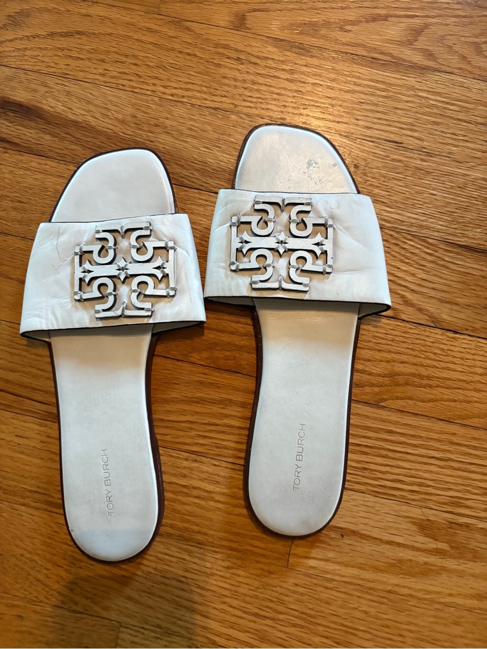 Tory Burch White Leather Logo Slide Sandals with Gold-Tone Emblem